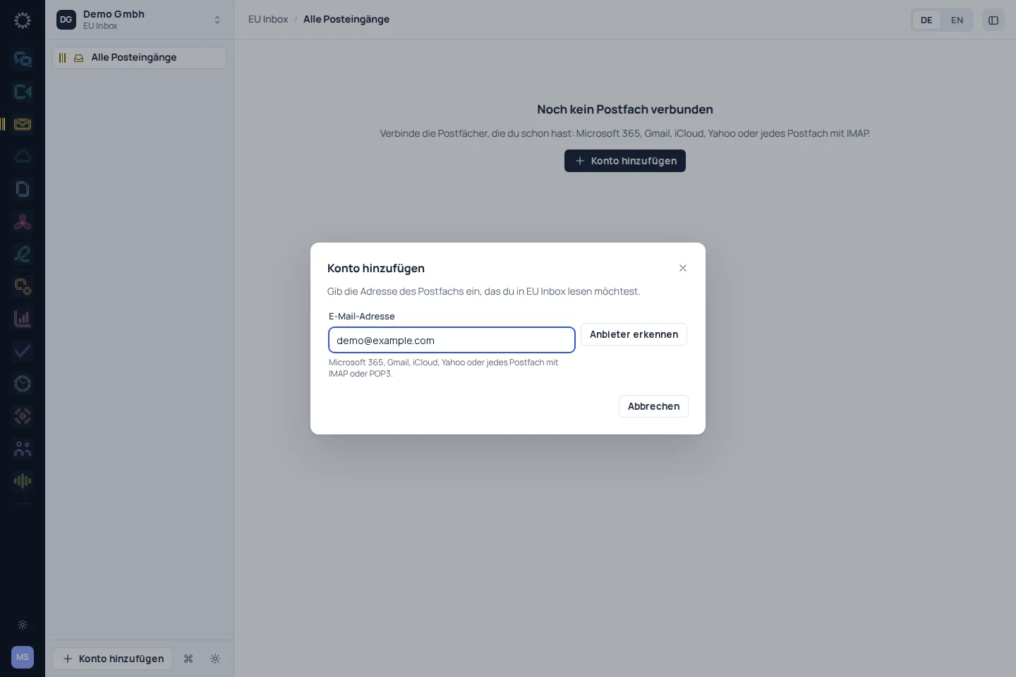 EU Inbox: appoptagelse med eksempeldata